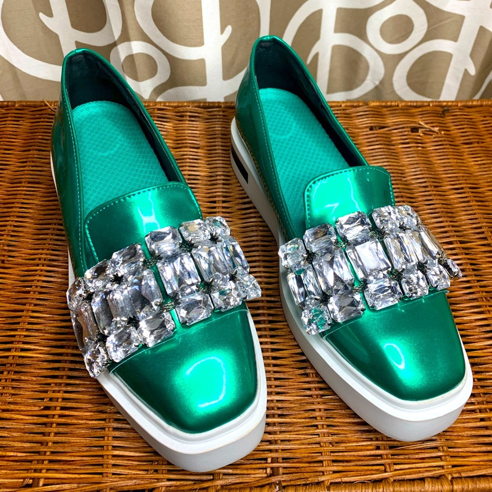 Statement Green Patent & Bling Slide on Sneakers - Size 8 - Never worn